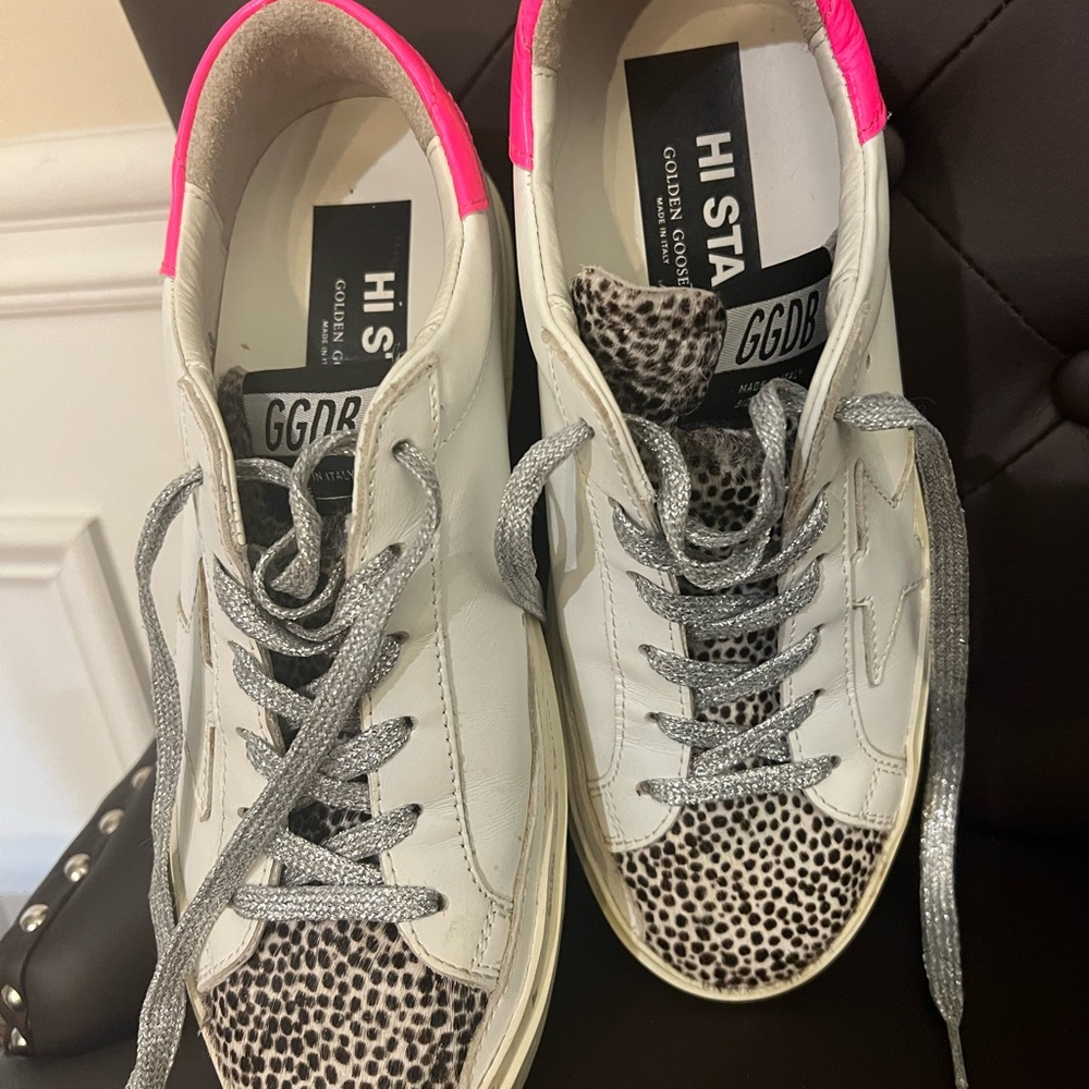 Golden Goose White and Pink Rhinestone Sneakers